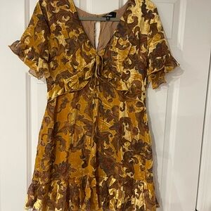 Lulu's Gold and Brown Floral Mini Dress Velvet